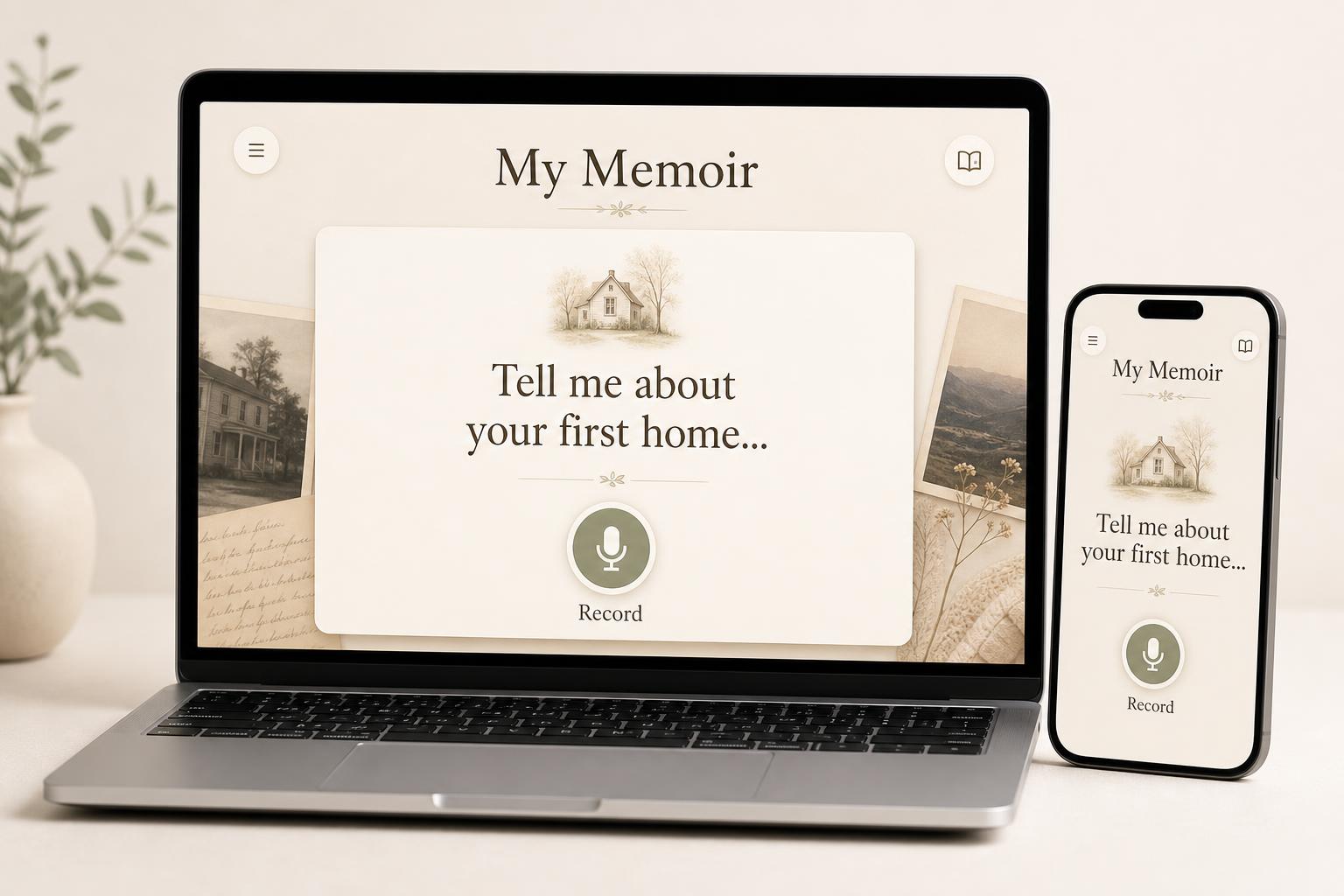 The Pages of the Ancestors memoir app shown on a laptop and a phone