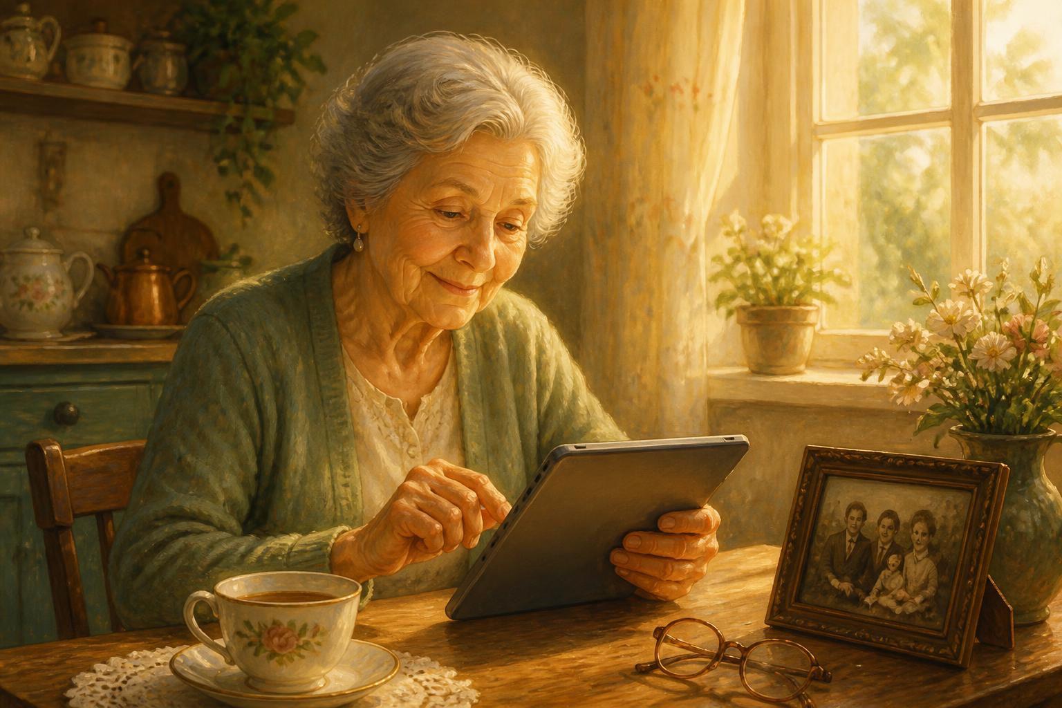 An older woman gently writing her memoir on a tablet at a sunlit kitchen table